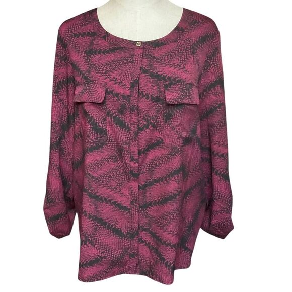 Anne Klein Snake Print Button Up Shirt‎ Blouse Size L Burgundy Roll Tab Sleeve - Picture 1 of 8